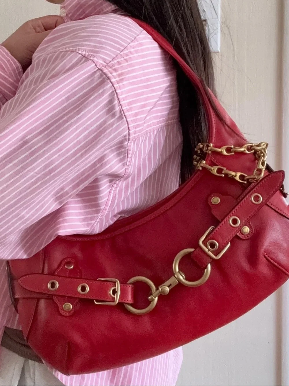 New Coach Red Belted Ergo Leather Shoulder Bag with Gold -Horsebit Detail